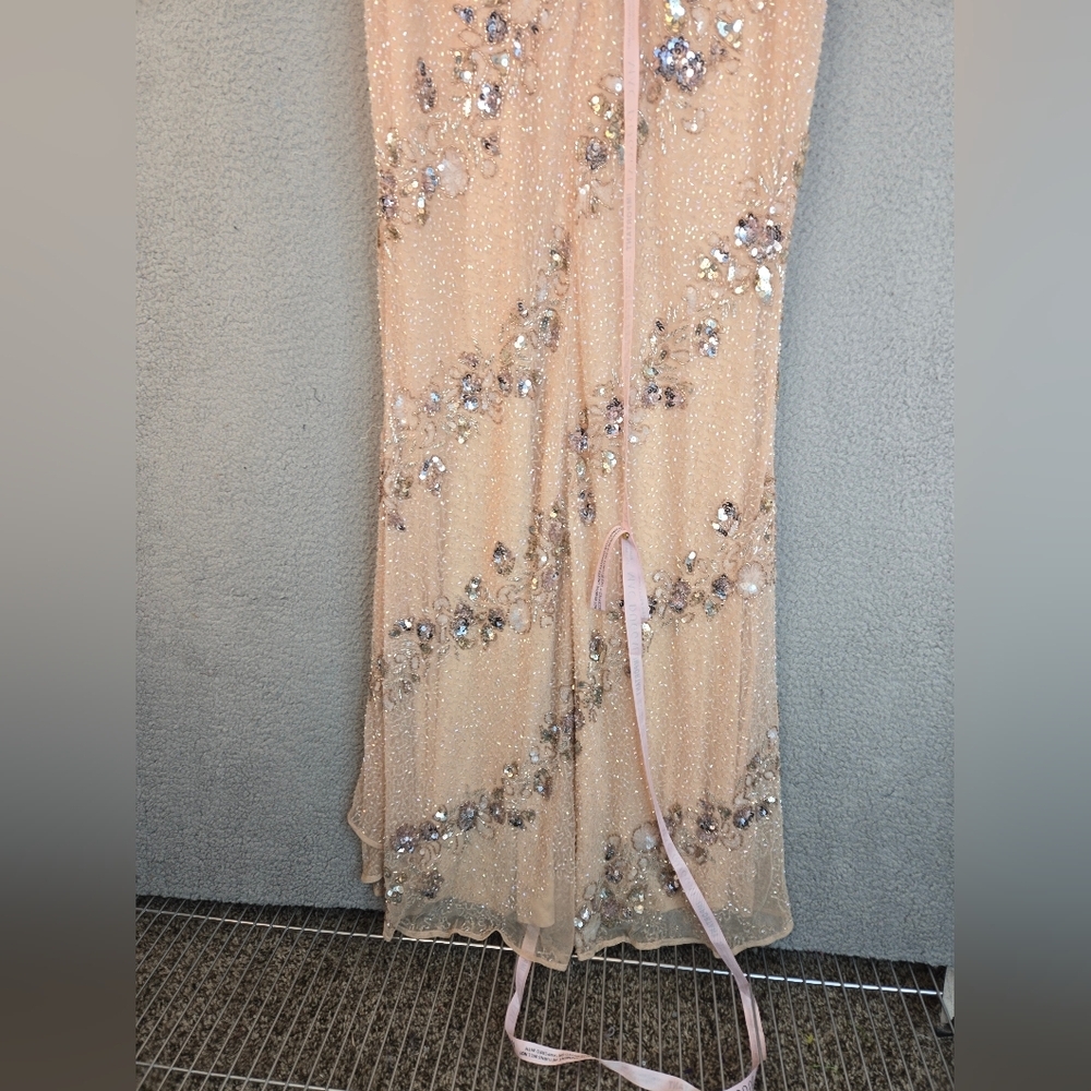 Mac Duggal Maxi Gown Womens Sz 4 Nude Silver Embellished Sequins Beads Lined - Picture 10 of 16